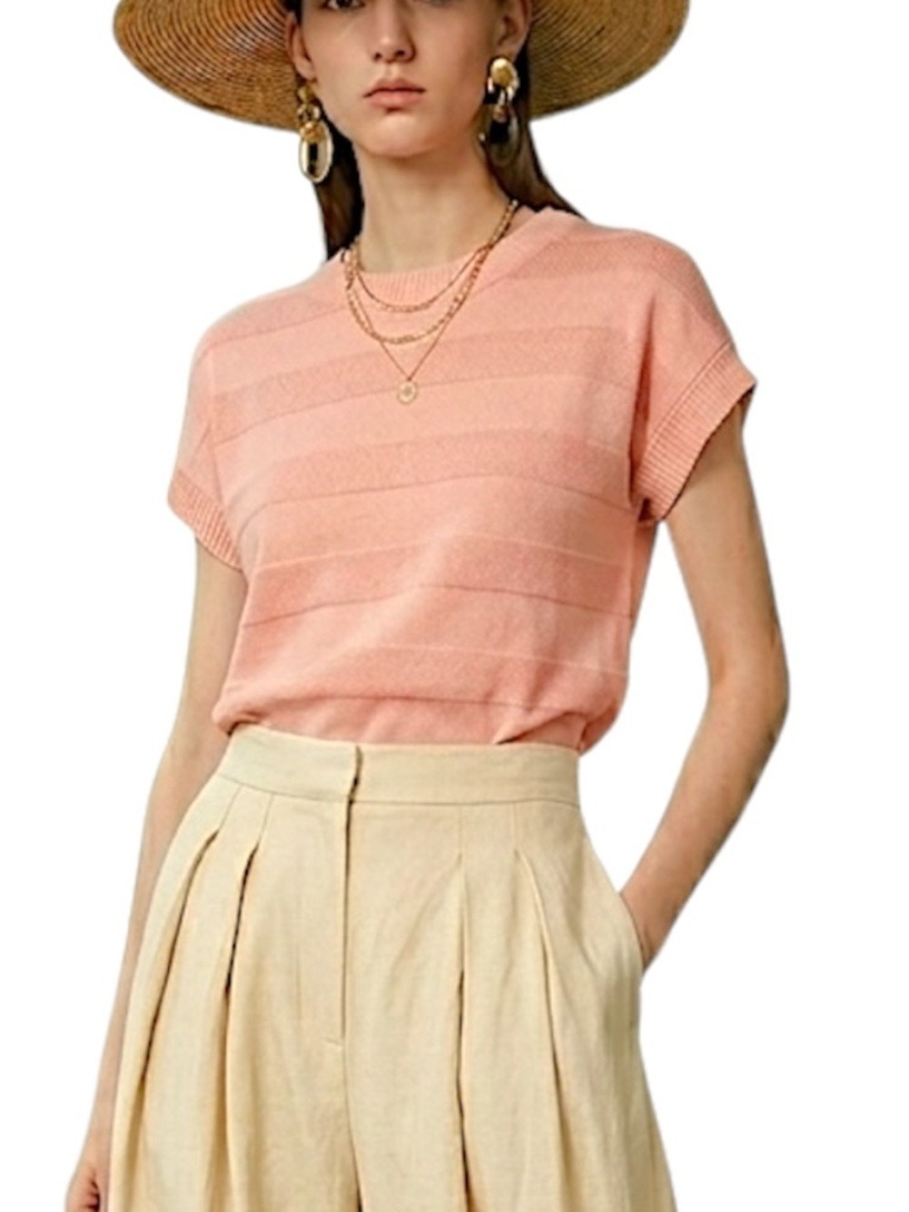 Old money coral horizontal knit stripe short dolman cap sleeve sweater top XS